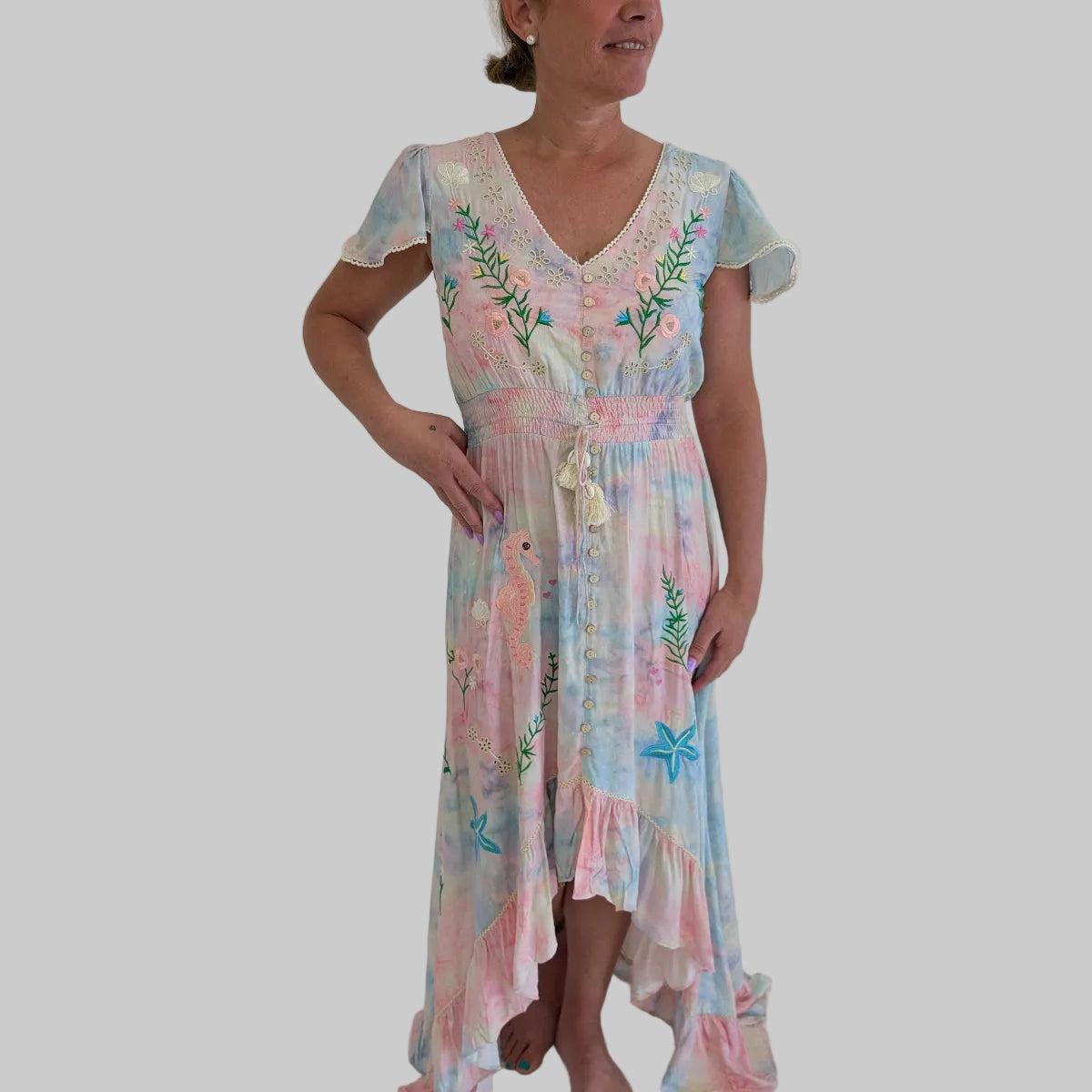 robe coton femme imprimée fleur hyppocampe etoile de mer douce coton doux voiles et volants au bas longue astmetrique rose bleue tye die taille ajustée manche courte avec détails dentelle