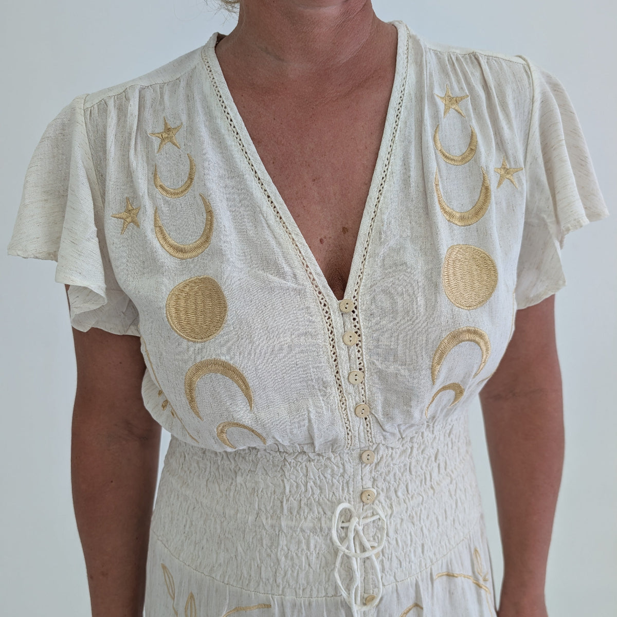 coeur elephant clothing robe femme longue échancrée avec encoluve V brodée lune soleil manche courte effet lin coton léger et doux occasion fete mariage importation europe robe longue femme